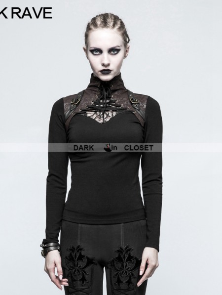 Punk Rave Black Steampunk High Collar Long Sleeves T-Shirt for Women - DarkinCloset.com
