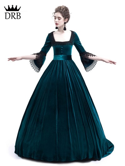 ROSE BLOOMING BLUE VELVET BALL GOWN THEATRICAL VICTORIAN GOWN