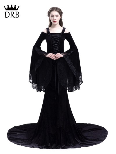ROSE BLOOMING BLACK ROMANTIC OFF-THE-SHOULDER GOTHIC MEDIEVAL TWO PIECES DRESS