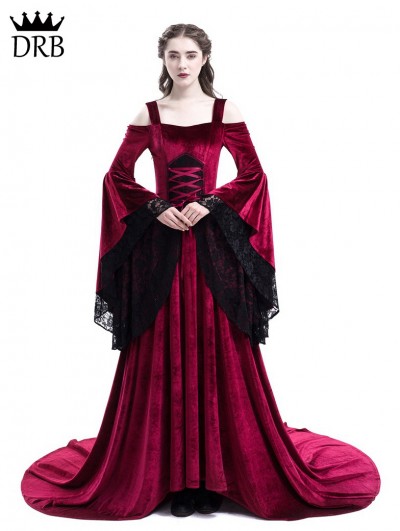 ROSE BLOOMING RED OFF-THE-SHOULDER RENAISSANCE FAIRY TALE MEDIEVAL DRESS