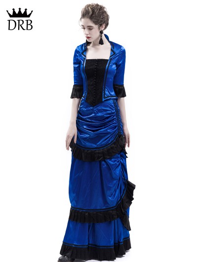 ROSE BLOOMING BLUE VICTORIAN BUSTLE DRESS