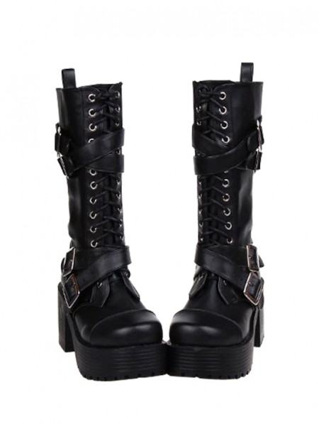 black pu buckle detail chunky over the knee boots