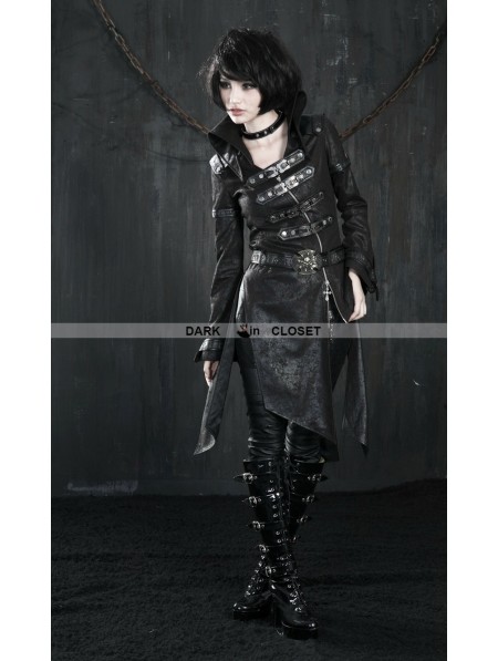 Punk Rave Black Leather Gothic Punk Trench Coat for Women - DarkinCloset.com