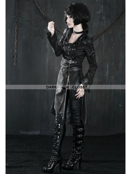 Punk Rave Black Leather Gothic Punk Trench Coat for Women - DarkinCloset.com