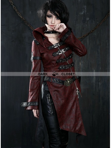 Punk Rave Wine Red Leather Gothic Punk Trench Coat for Women - DarkinCloset.com