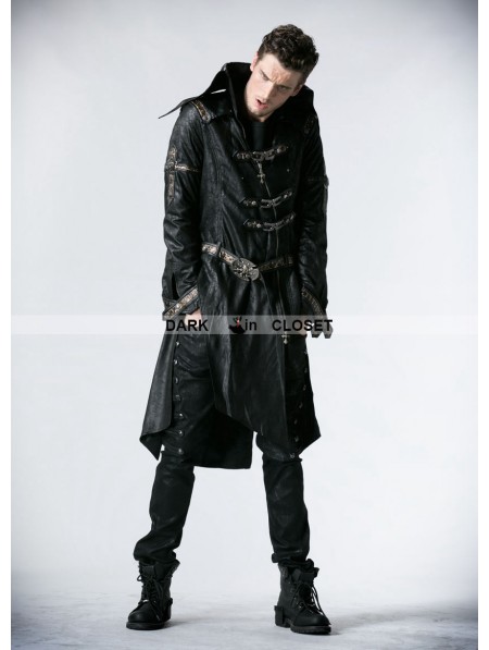 Punk Rave Black Leather Gothic Punk Trench Coat for Men - DarkinCloset.com