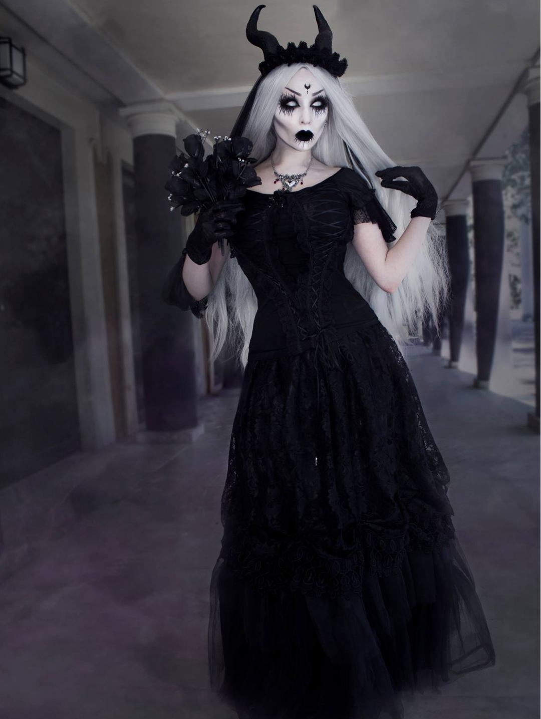 Punk Rave Black Gothic Lace Wide Boat Neck Tshirt For Women