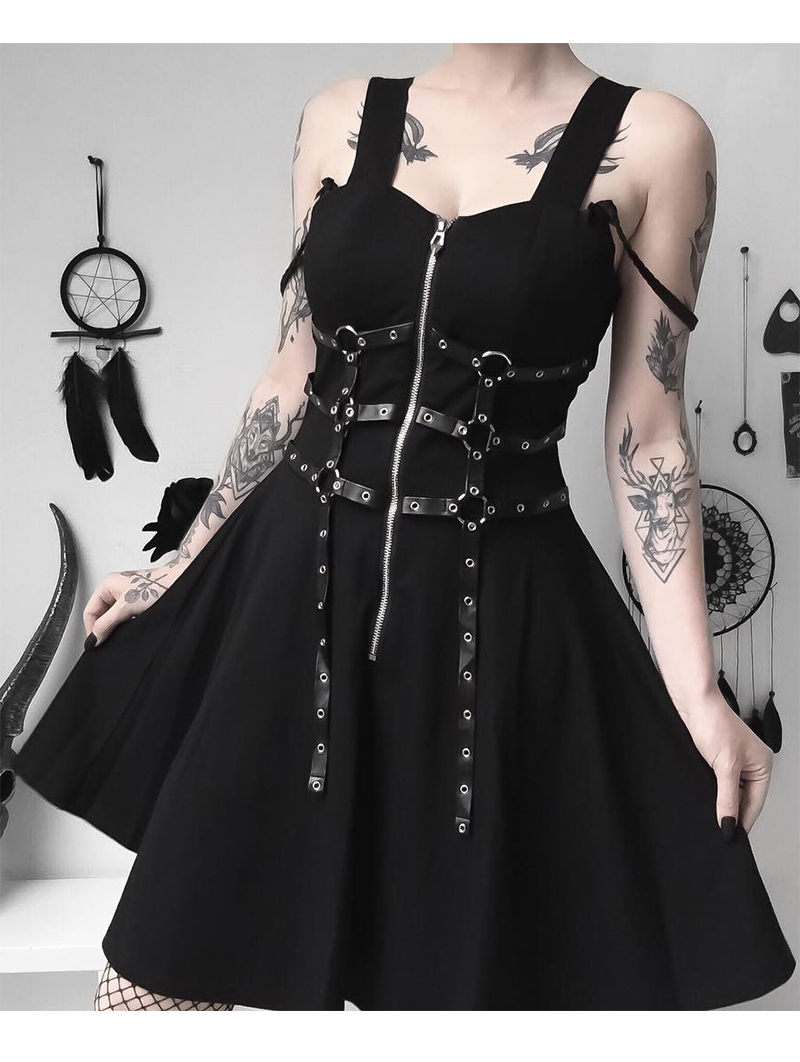 Dark in Love Black Gothic Punk Leather Belt Dress