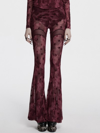 Punk Rave Red Gothic Crescent Hollowed Printed Mesh Long Flare Pants for Women
