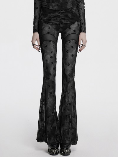 Punk Rave Grey Gothic Crescent Hollowed Printed Mesh Long Flare Pants for Women