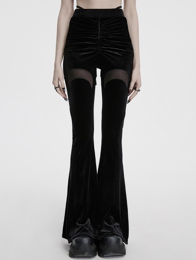 Punk Rave Black Gothic Crescent Hollowed Printed Velvet Long Flare Pants for Women