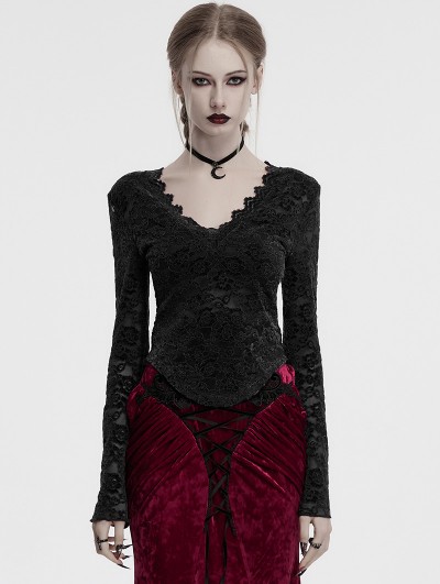 Punk Rave Black Gothic Sexy V-Neck Floral Lace Long Sleeve Shirt for Women