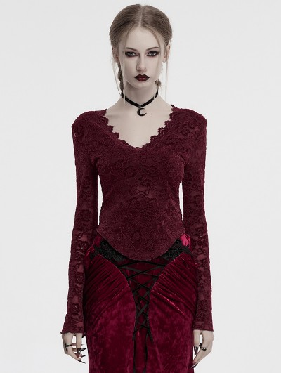 Punk Rave Red Gothic Sexy V-Neck Floral Lace Long Sleeve Shirt for Women