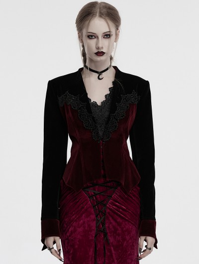 Punk Rave Black and Red Gothic Bat Hem Vintage Velvet Jacket for Women