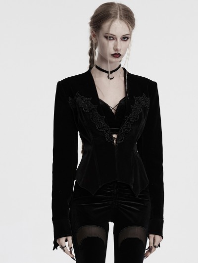 Punk Rave Black Gothic Bat Hem Vintage Velvet Jacket for Women