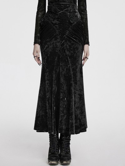 Punk Rave Black Vintage Gothic Lace Up Velvet Long Fishtail Skirt
