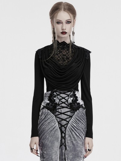Punk Rave Black Gothic Swinging Collar Lace Long Sleeve Shirt for Women