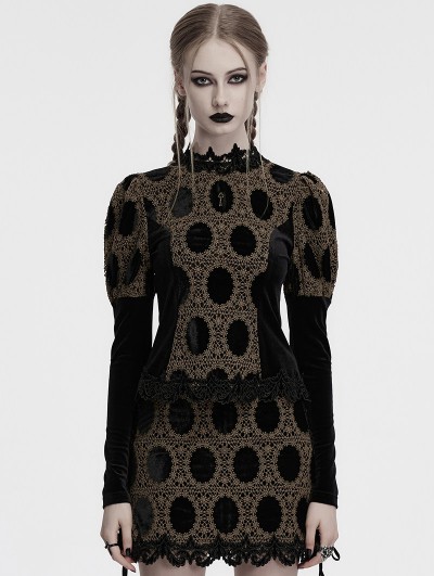 Punk Rave Black and Coffee Gothic Retro Palace Style Velvet Long Sleeve Shirt for Women