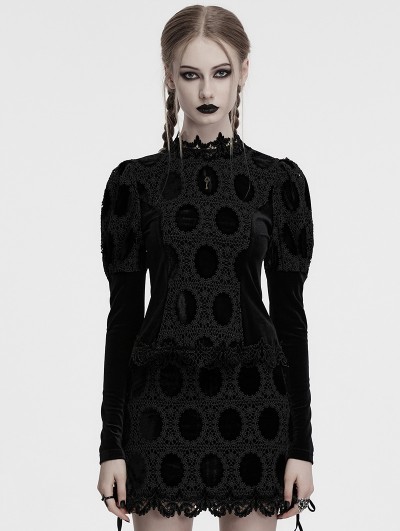 Punk Rave Black Gothic Retro Palace Style Velvet Long Sleeve Shirt for Women