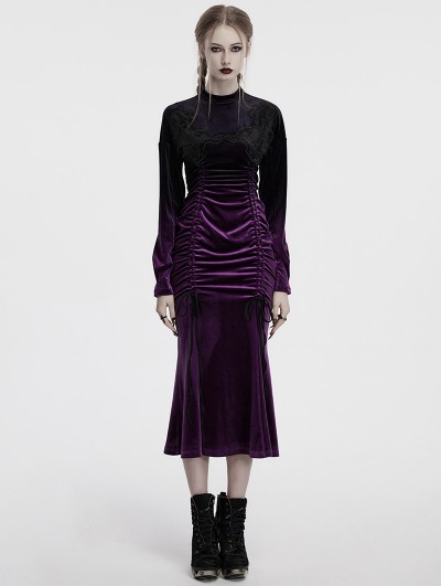 Punk Rave Black and Violet Gothic Velvet Gradient Long Sleeve Fishtail Dress