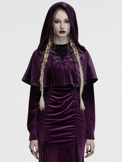 Punk Rave Violet Gothic Women's Velvet Hooded Cloak with Fur Ball