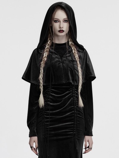 Punk Rave Black Gothic Women's Velvet Hooded Cloak with Fur Ball