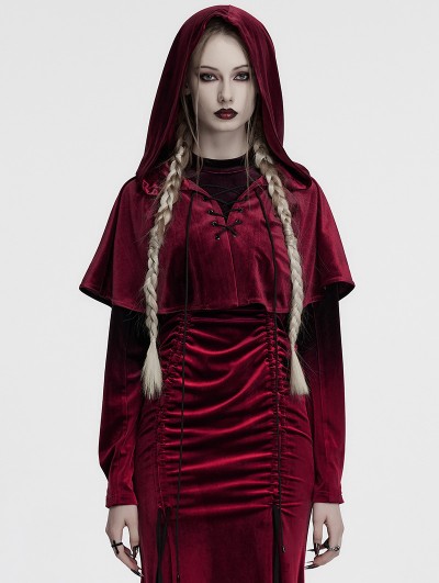 Punk Rave Red Gothic Women's Velvet Hooded Cloak with Fur Ball