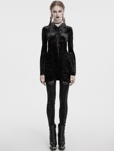 Punk Rave Black Sexy Gothic Velvet Lace Cross Hooded Bodycon Dress