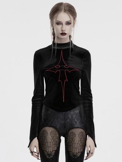 Punk Rave Black Gothic Cross Embroidery Slim Fit Velvet Long Sleeve T-Shirt for Women
