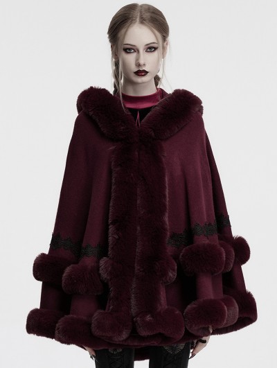 Punk Rave Red Gothic Retro Hooded Loose Fur Cloak for Women
