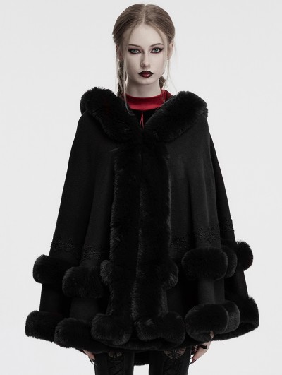 Punk Rave Black Gothic Retro Hooded Loose Fur Cloak for Women