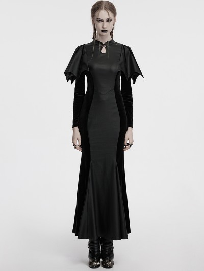 Punk Rave Black Gothic Bat Wide Shoulder Long Fishtail Dress