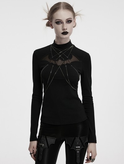 Punk Rave Black Gothic Bat Hollowed Chain Base Long Sleeve T-Shirt for Women