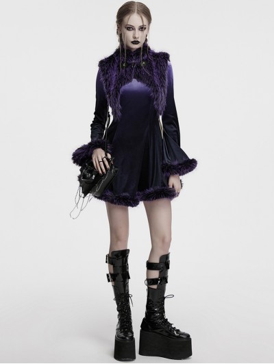 Punk Rave Black and Violet Gothic Gradient Fur Trim Velvet Short Dress
