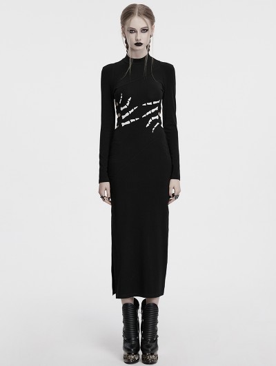 Punk Rave Black Sexy Gothic Skeleton Printed High Slit Long Dress