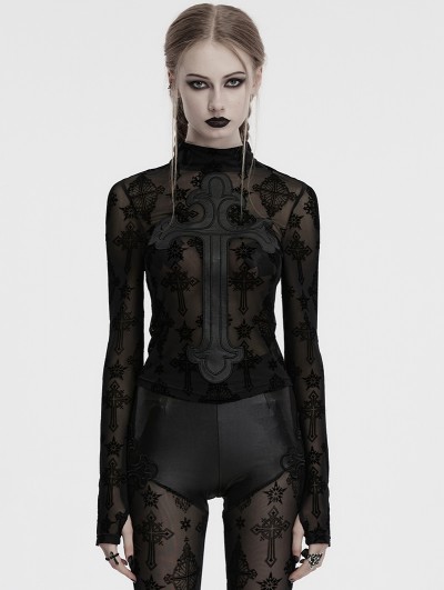 Punk Rave Black Sexy Gothic Cross Flocking Embroidery Long Sleeve T-Shirt for Women