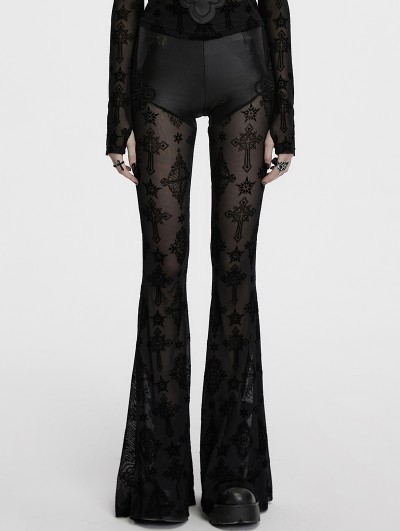 Punk Rave Black Gothic Cross Flocking Embroidered Long Flare Pants for Women