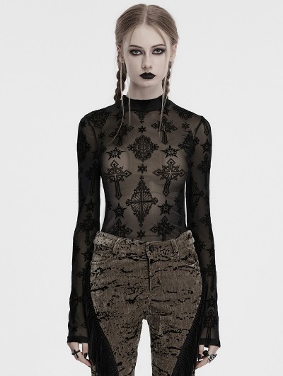 Punk Rave Black Sexy Gothic Cross Flocking Mesh  Long Sleeve Shirt for Women