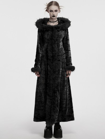 Punk Rave Black Gothic Wasteland Fur Hooded Long Coat for Women