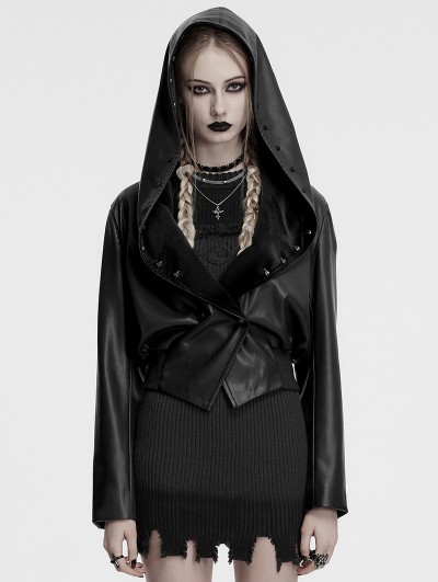 Punk Rave Black Gothic Punk Lapel Hooded Leather Jacket for Women