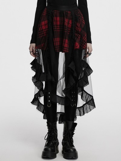 Punk Rave Black and Red Gothic Mesh Plaid Ruffled High-Low Skirt