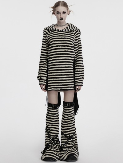 Punk Rave Black and White Gothic Striped Bunny Ear Hoodie Dress