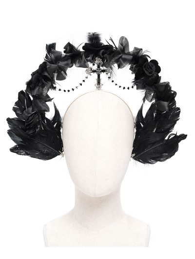 Eva Lady Black Gothic Cross Flower Feathered Headband