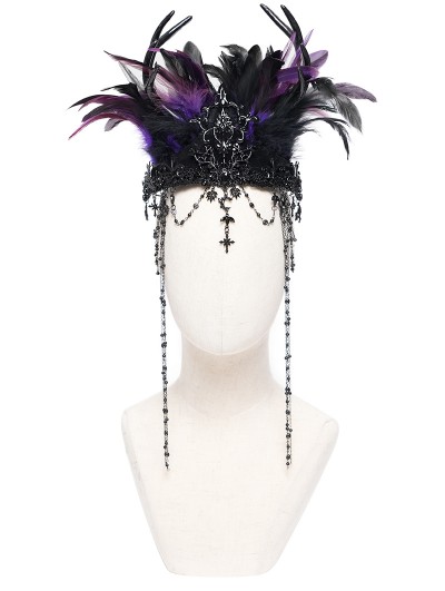Eva Lady Black and Purple Gothic Feather Beaded Crown Headdress