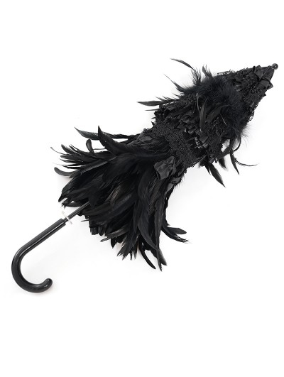 Eva Lady Black Gothic Vintage Ruched Feather Umbrella