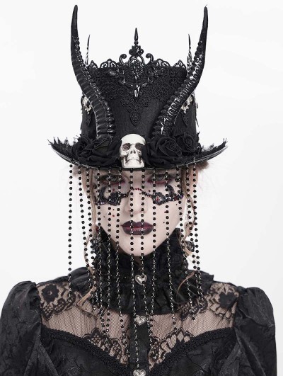 Eva Lady Black Gothic Skull Horn Beaded Tassel Hat