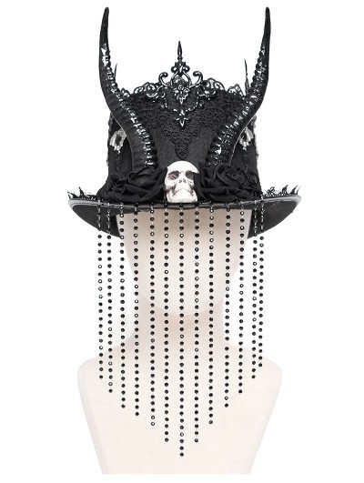 Eva Lady Black Gothic Skull Horn Beaded Tassel Hat