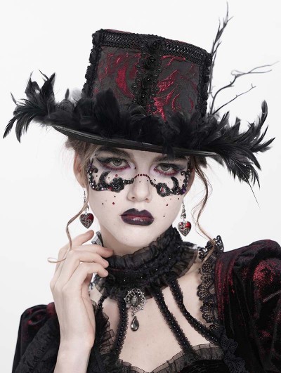 Eva Lady Black and Red Brocade Gothic Floral Feather Hat