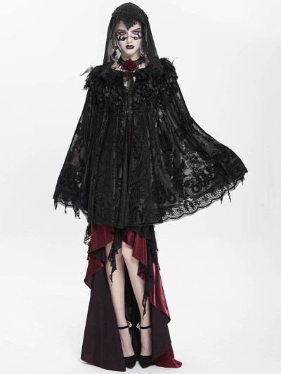 Eva Lady Black Gothic Floral Embroidered Feather Hooded Cloak for Women