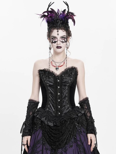 Eva Lady Black Gothic Beaded Lace Victorian Overbust Corset Top for Women